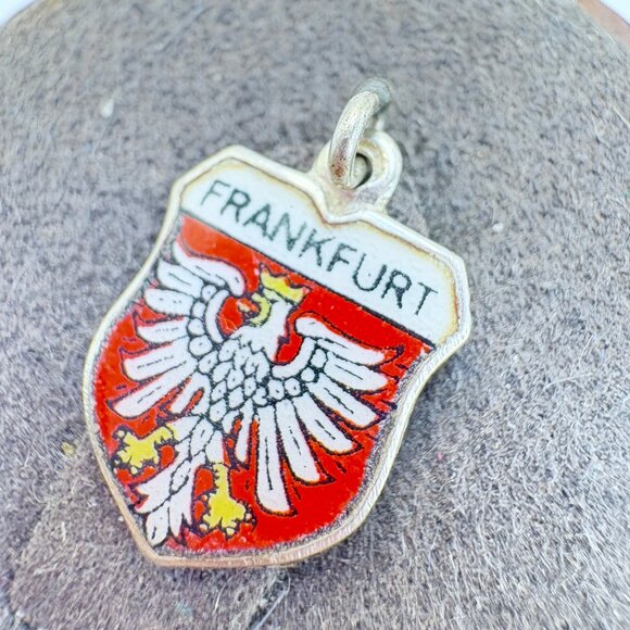 800 Silver Red & White Enamel Frankfurt Shield Design Charm Size 0.75" Length - Picture 2 of 8